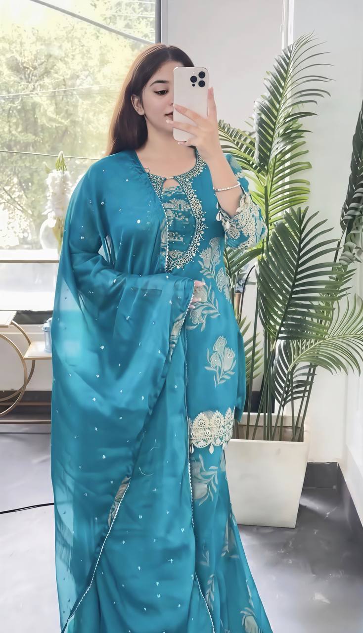 Sky Blue Faux Georgette  Embroidery Sequence Work 3-Piece Sharara Set with Duppata