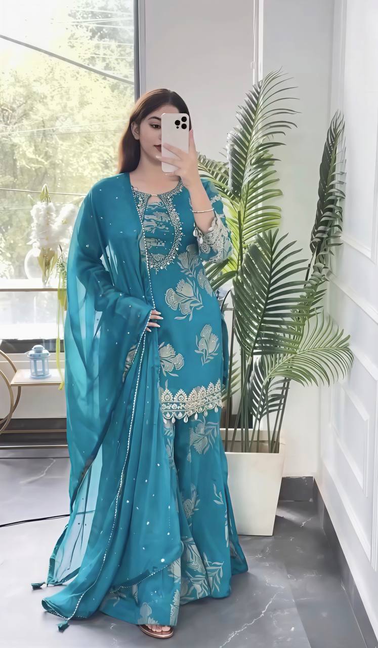 Sky Blue Faux Georgette  Embroidery Sequence Work 3-Piece Sharara Set with Duppata