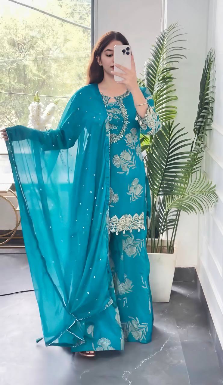 Sky Blue Faux Georgette  Embroidery Sequence Work 3-Piece Sharara Set with Duppata