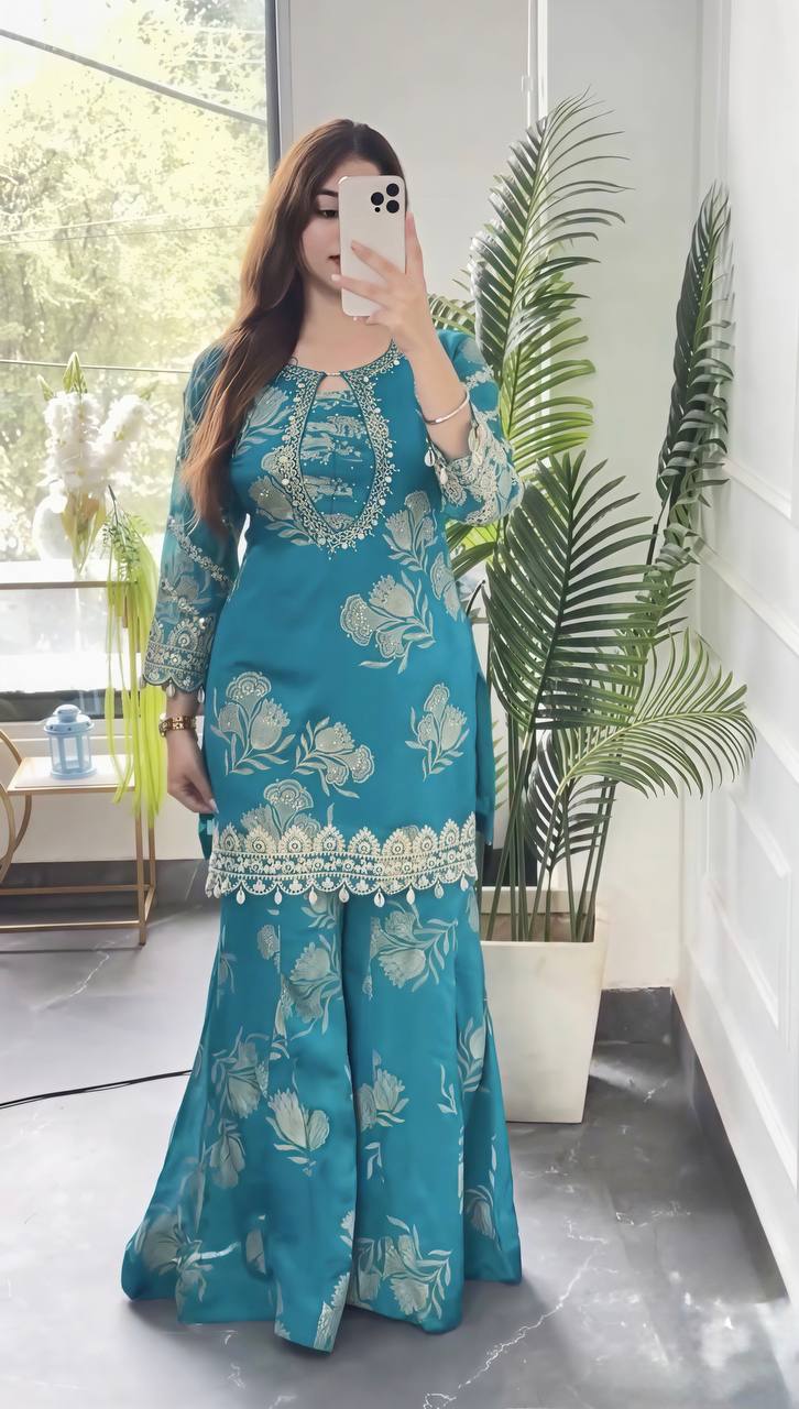 Sky Blue Faux Georgette  Embroidery Sequence Work 3-Piece Sharara Set with Duppata