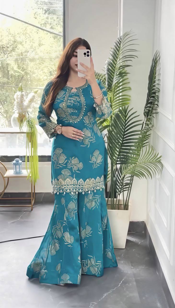Sky Blue Faux Georgette  Embroidery Sequence Work 3-Piece Sharara Set with Duppata