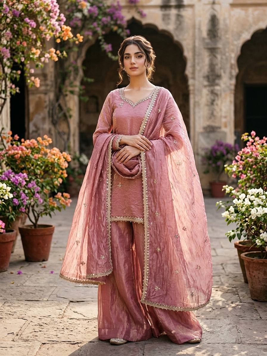 Pink Fendy Silk Real Mirror & Sequence Work Sharara Set