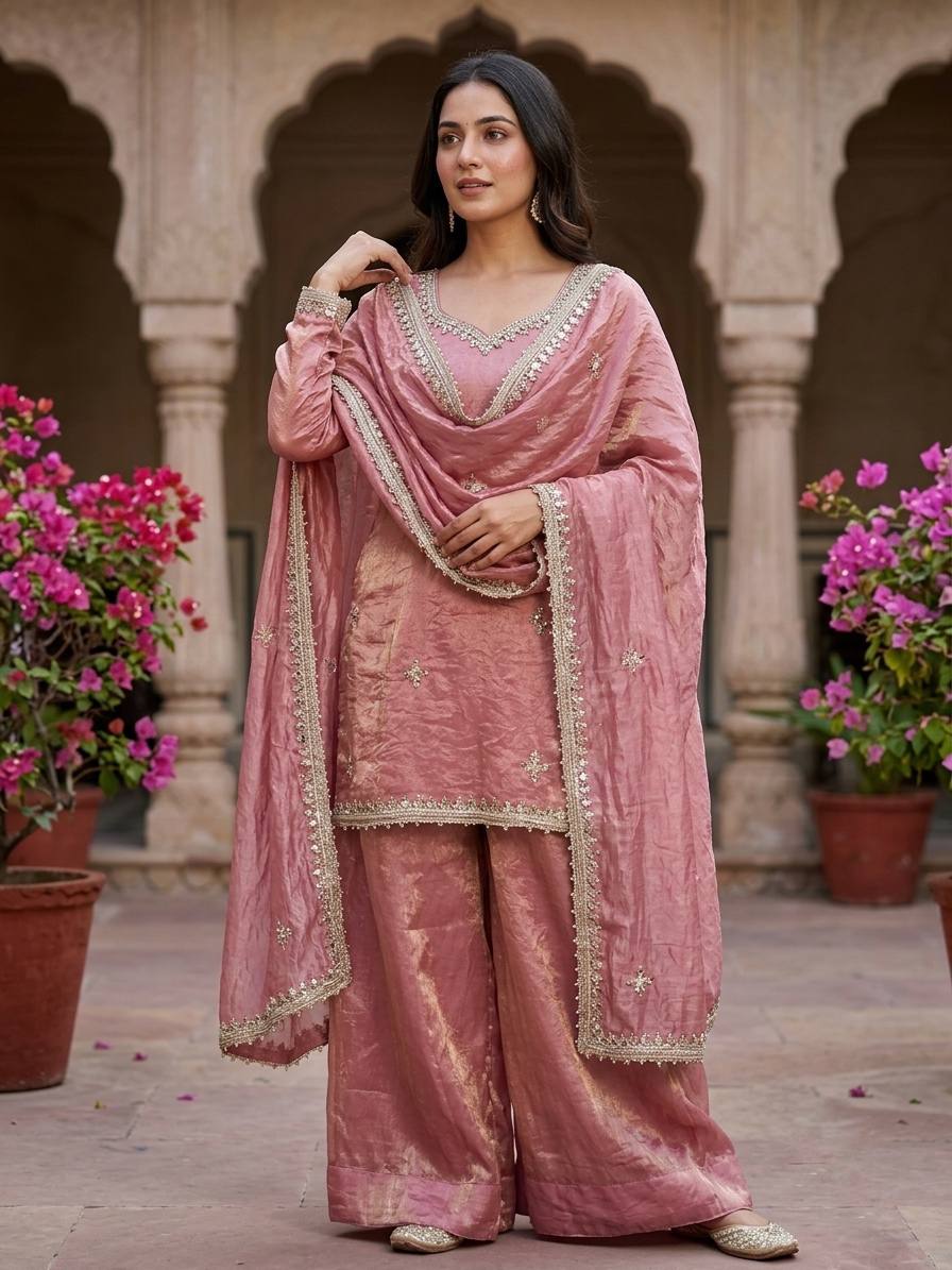 Pink Fendy Silk Real Mirror & Sequence Work Sharara Set