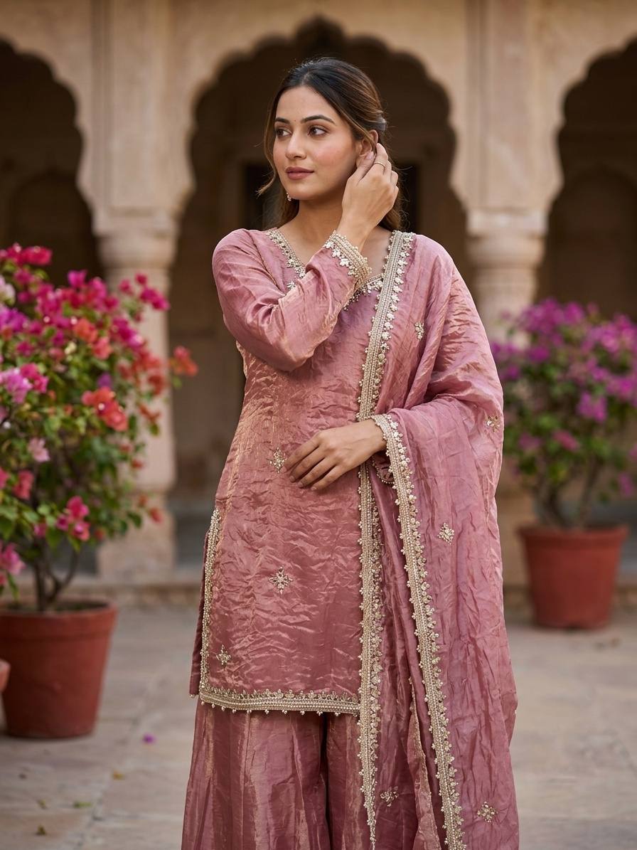 Pink Fendy Silk Real Mirror & Sequence Work Sharara Set
