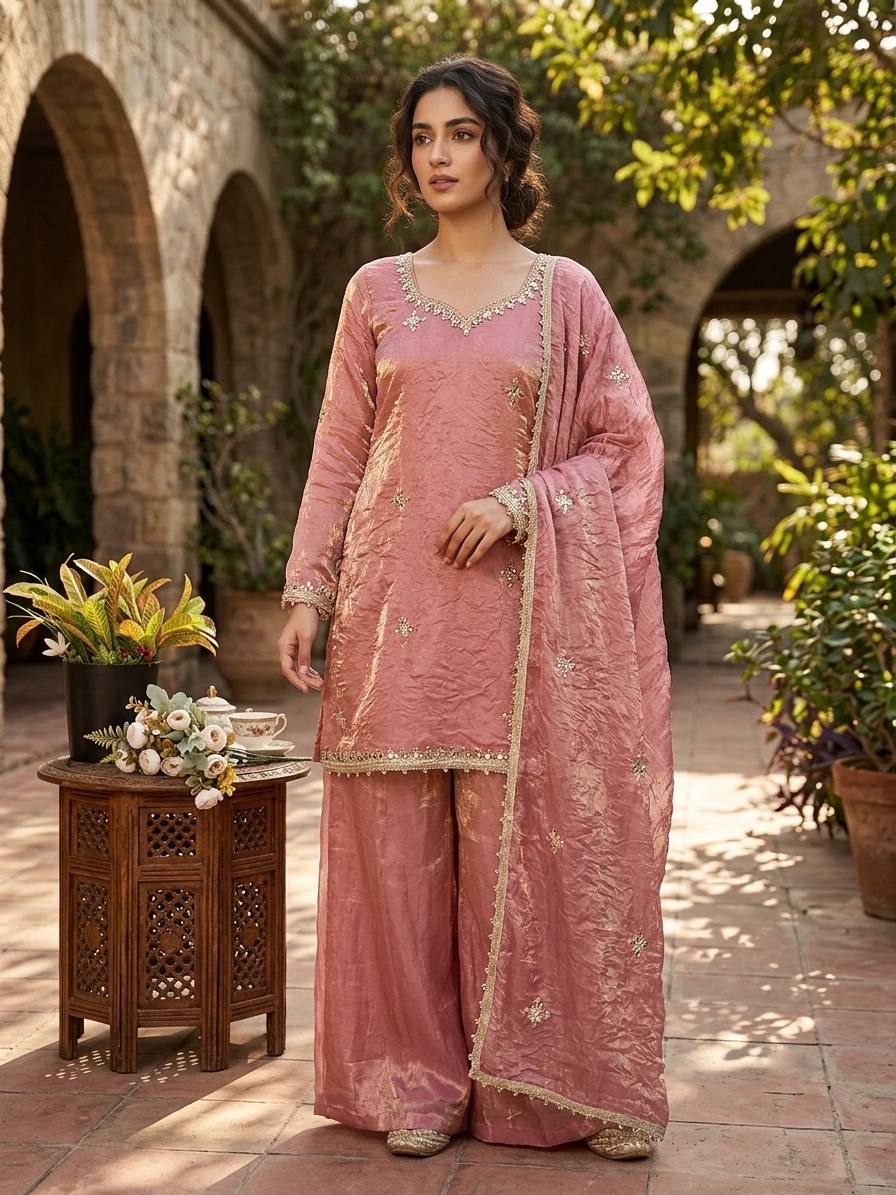 Pink Fendy Silk Real Mirror & Sequence Work Sharara Set