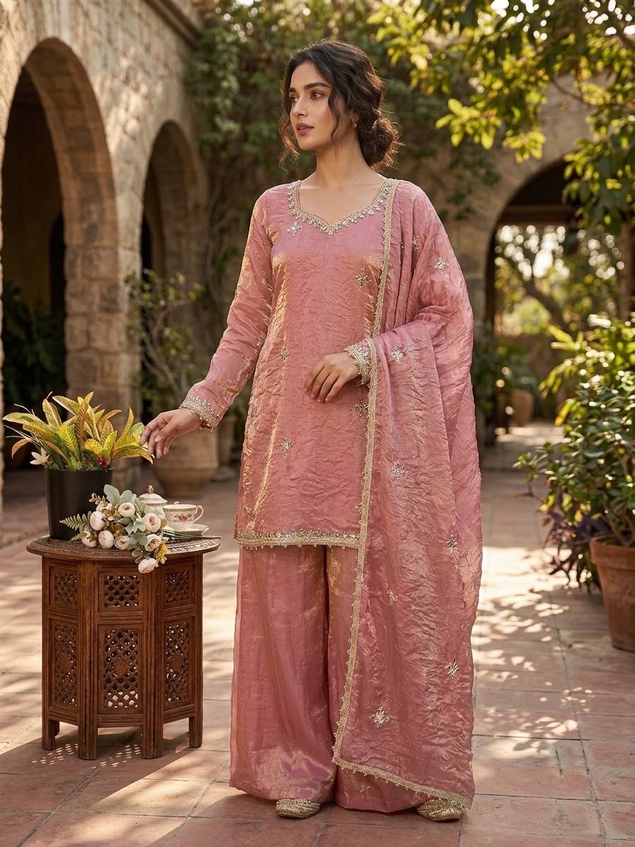 Pink Fendy Silk Real Mirror & Sequence Work Sharara Set