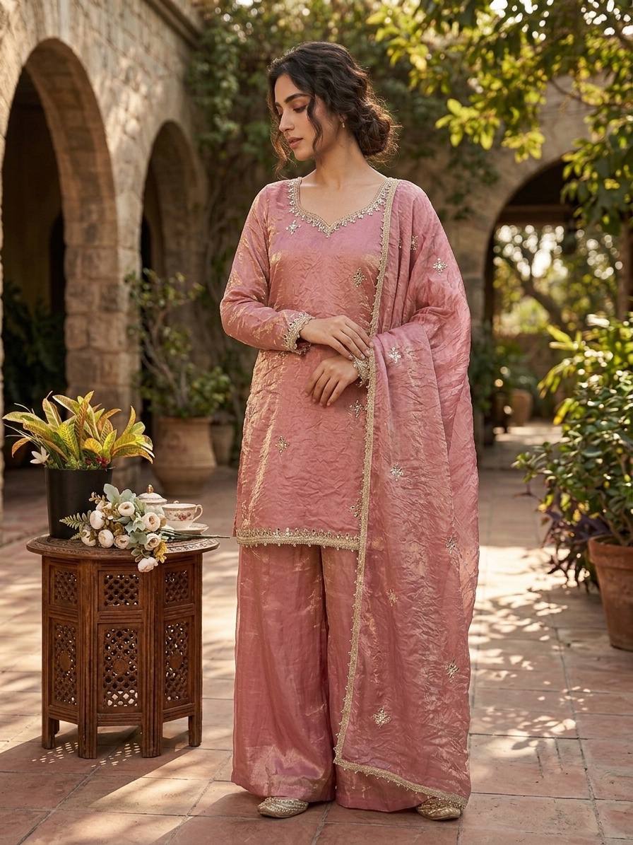 Pink Fendy Silk Real Mirror & Sequence Work Sharara Set