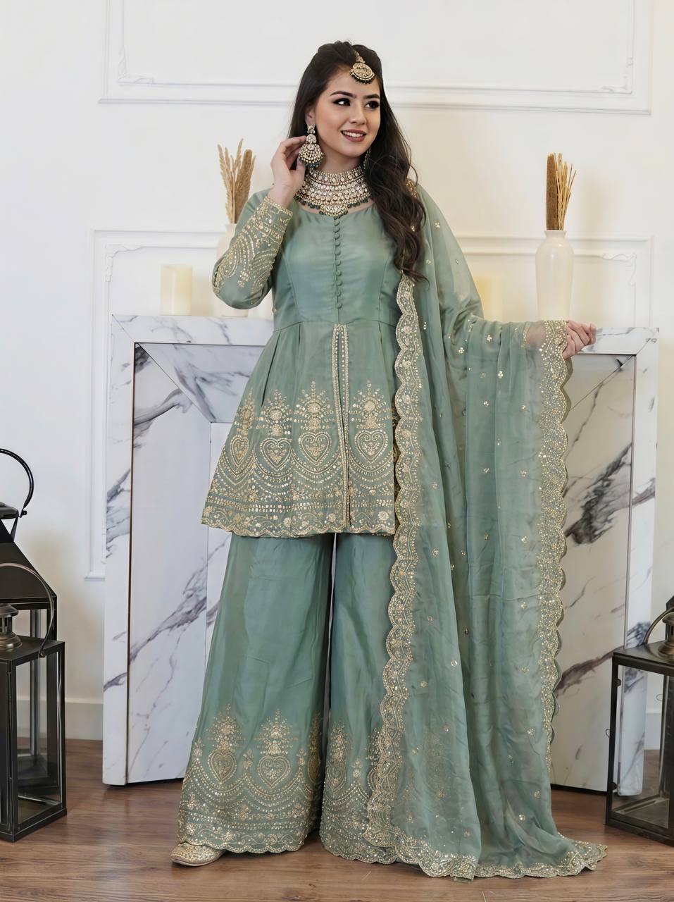 Aqua Green Fendy Silk Real Mirror Embroidery Sequence Work 3-Piece Palazzo Set