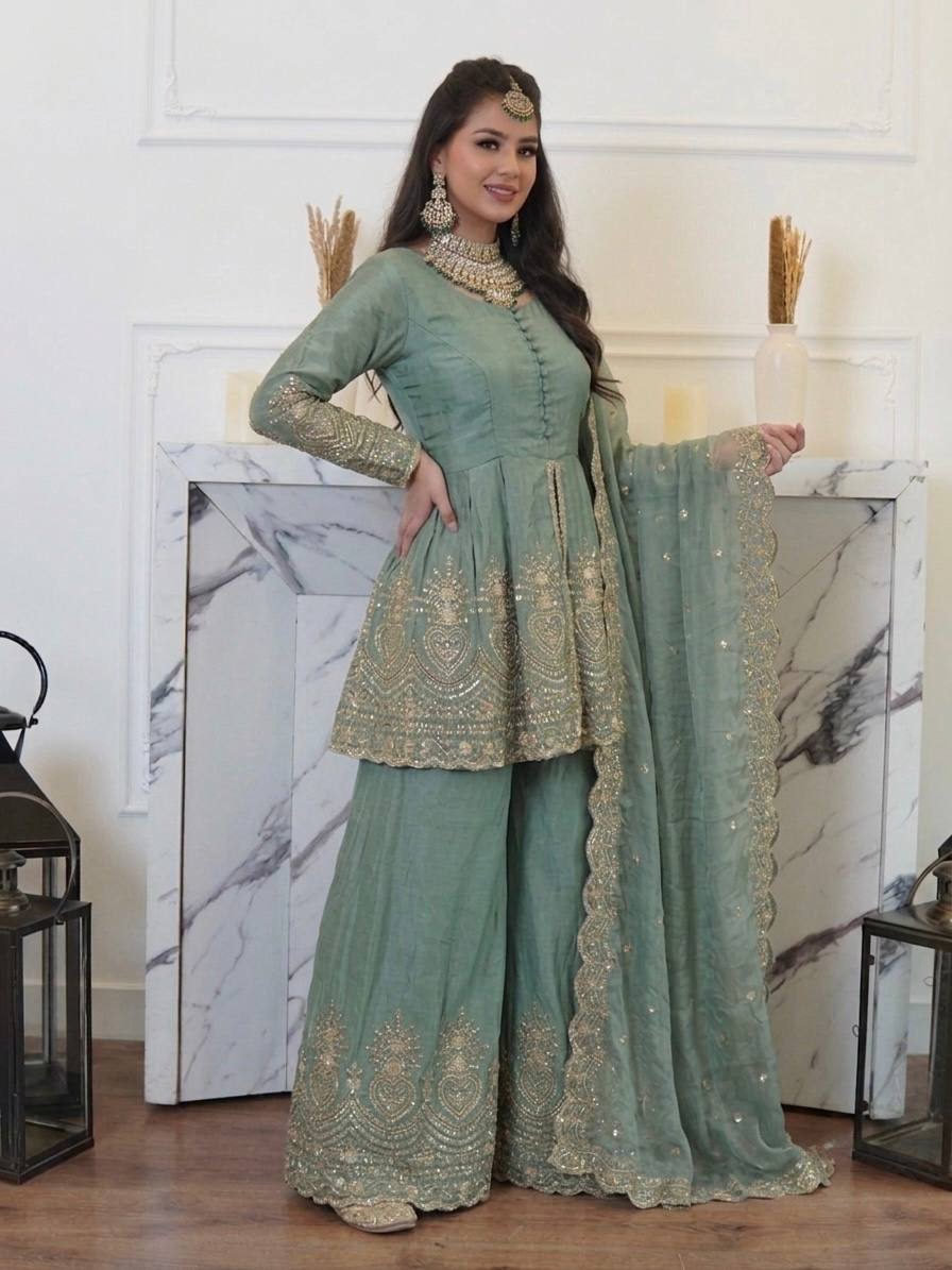 Aqua Green Fendy Silk Real Mirror Embroidery Sequence Work 3-Piece Palazzo Set