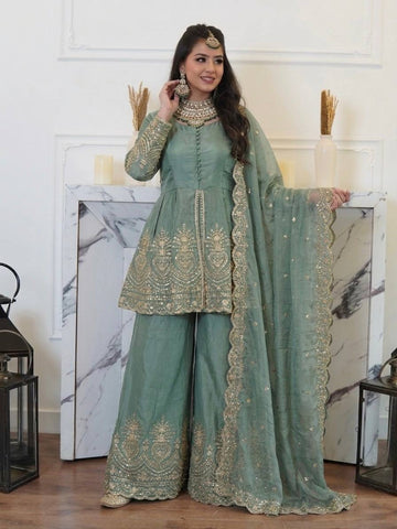 Aqua Green Fendy Silk Real Mirror Embroidery Sequence Work 3-Piece Palazzo Set