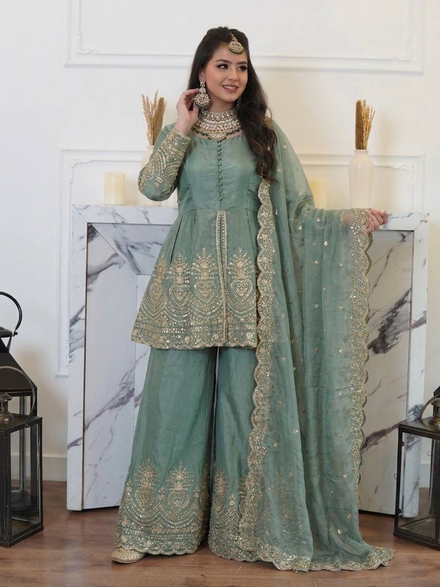 Aqua Green Fendy Silk Real Mirror Embroidery Sequence Work 3-Piece Palazzo Set