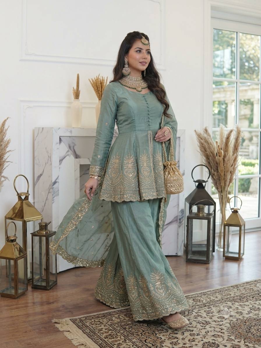 Aqua Green Fendy Silk Real Mirror Embroidery Sequence Work 3-Piece Palazzo Set