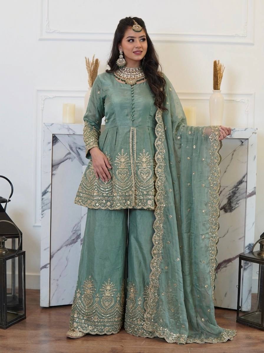 Aqua Green Fendy Silk Real Mirror Embroidery Sequence Work 3-Piece Palazzo Set