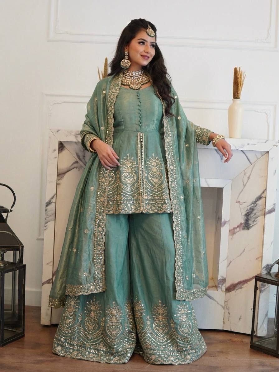 Aqua Green Fendy Silk Real Mirror Embroidery Sequence Work 3-Piece Palazzo Set