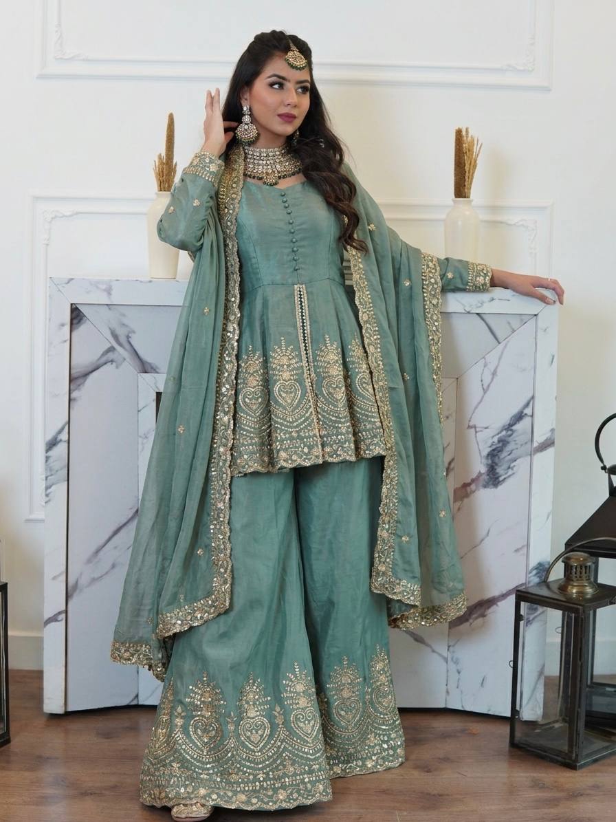 Aqua Green Fendy Silk Real Mirror Embroidery Sequence Work 3-Piece Palazzo Set