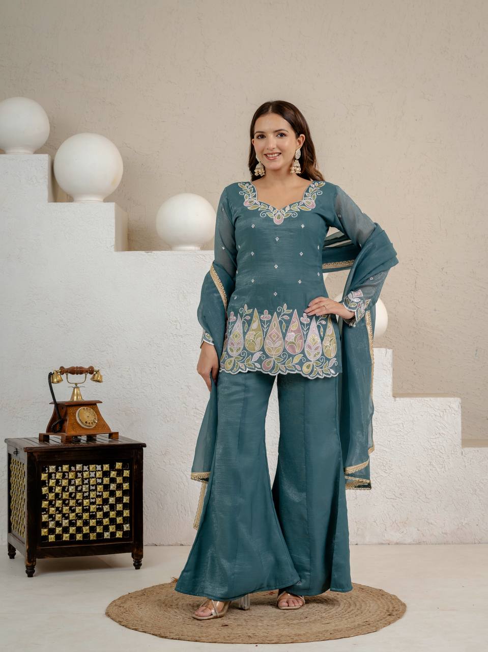 Teal Blue Crunchy Silk 3-Piece Palazzo Suit with 3mm Sequence Embroidery