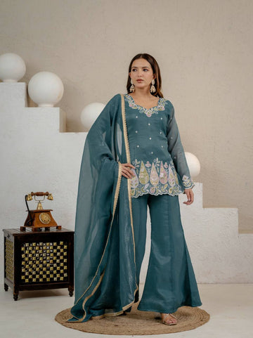 Teal Blue Crunchy Silk 3-Piece Palazzo Suit with 3mm Sequence Embroidery