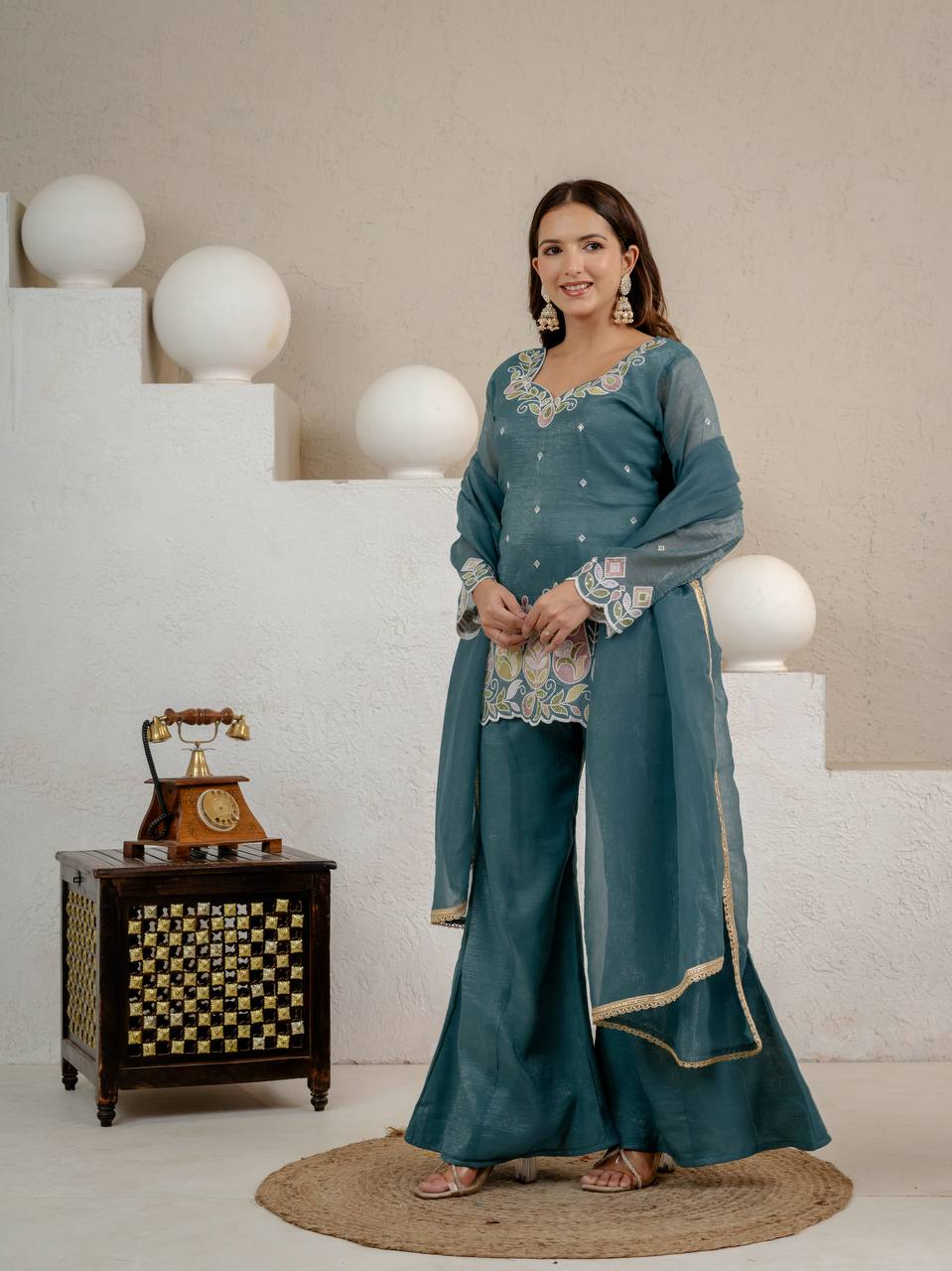 Teal Blue Crunchy Silk 3-Piece Palazzo Suit with 3mm Sequence Embroidery