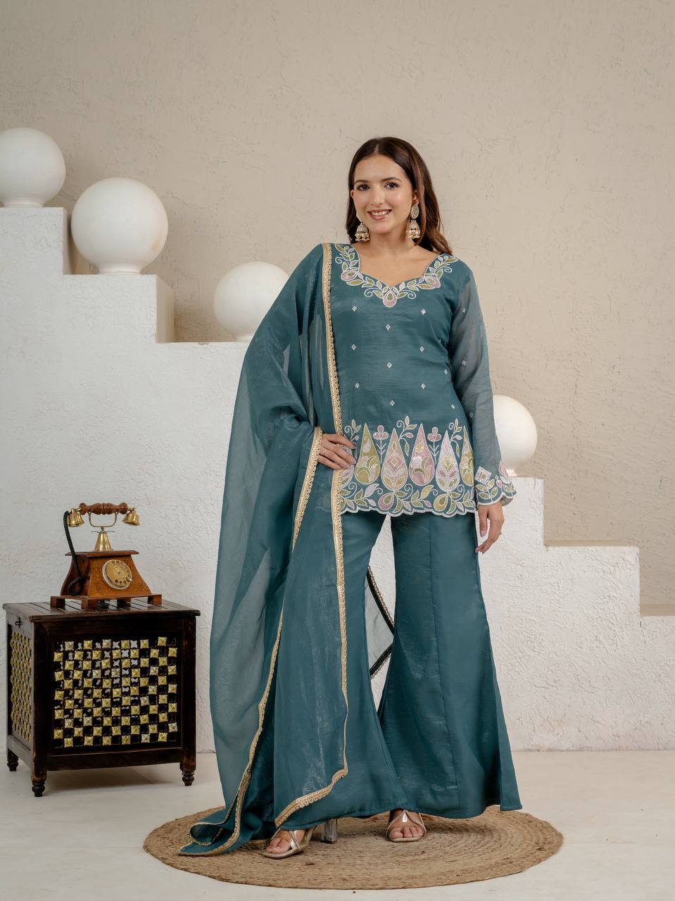 Teal Blue Crunchy Silk 3-Piece Palazzo Suit with 3mm Sequence Embroidery