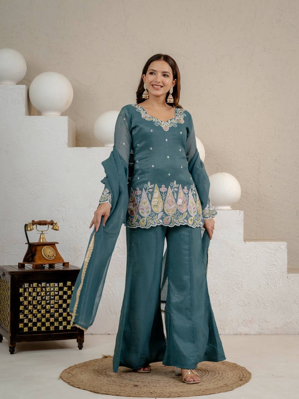 Teal Blue Crunchy Silk 3-Piece Palazzo Suit with 3mm Sequence Embroidery