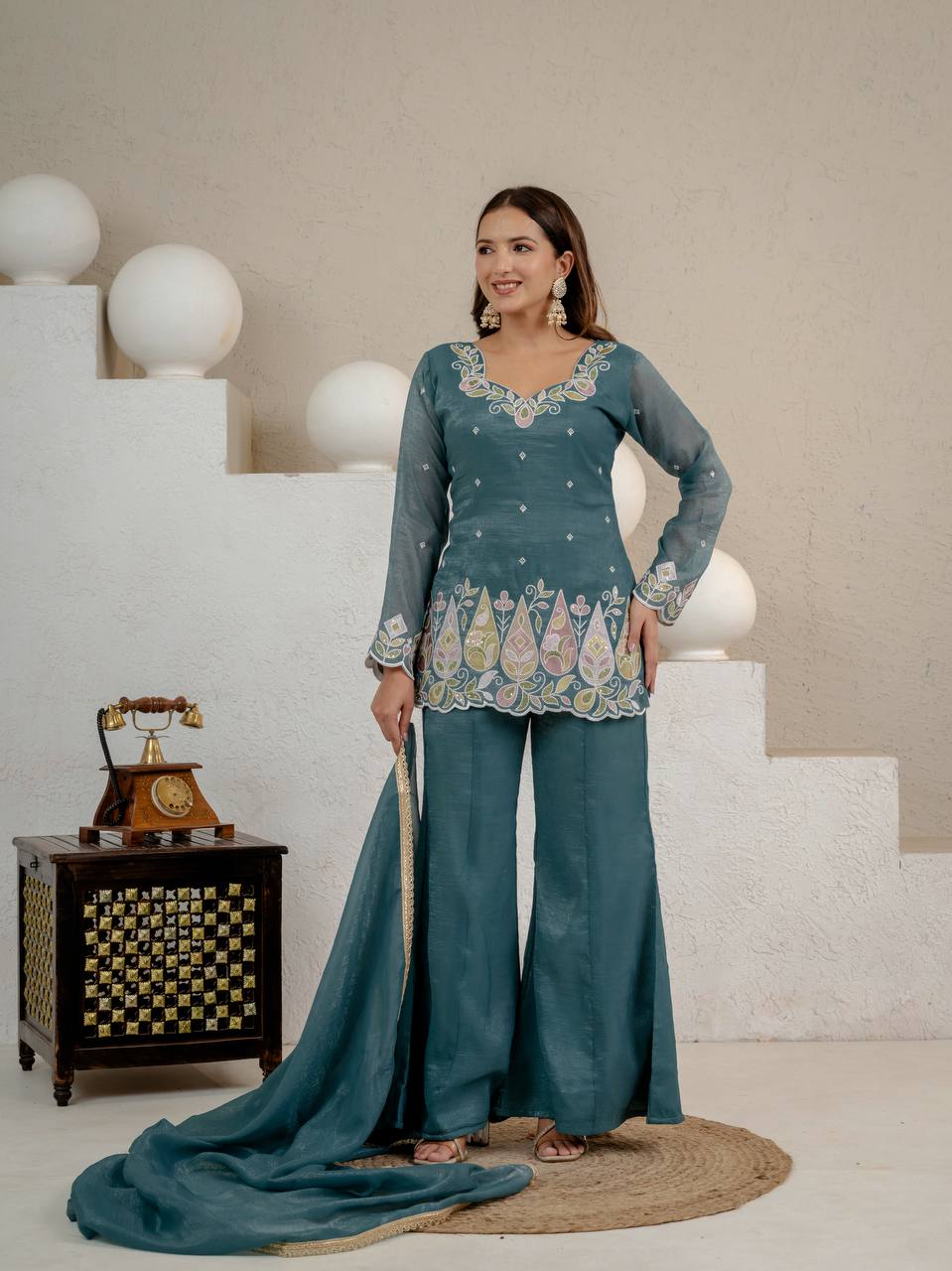 Teal Blue Crunchy Silk 3-Piece Palazzo Suit with 3mm Sequence Embroidery