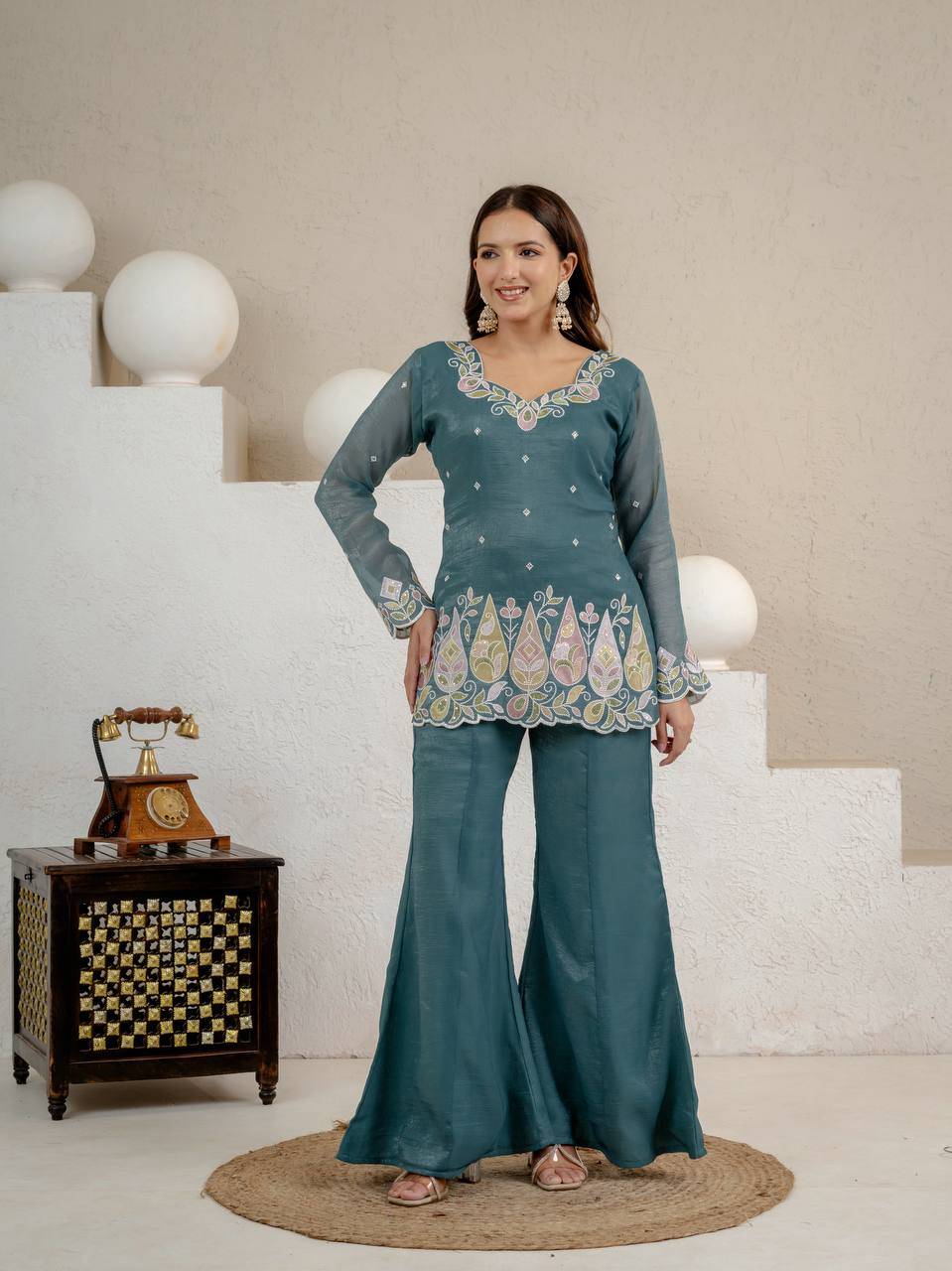 Teal Blue Crunchy Silk 3-Piece Palazzo Suit with 3mm Sequence Embroidery