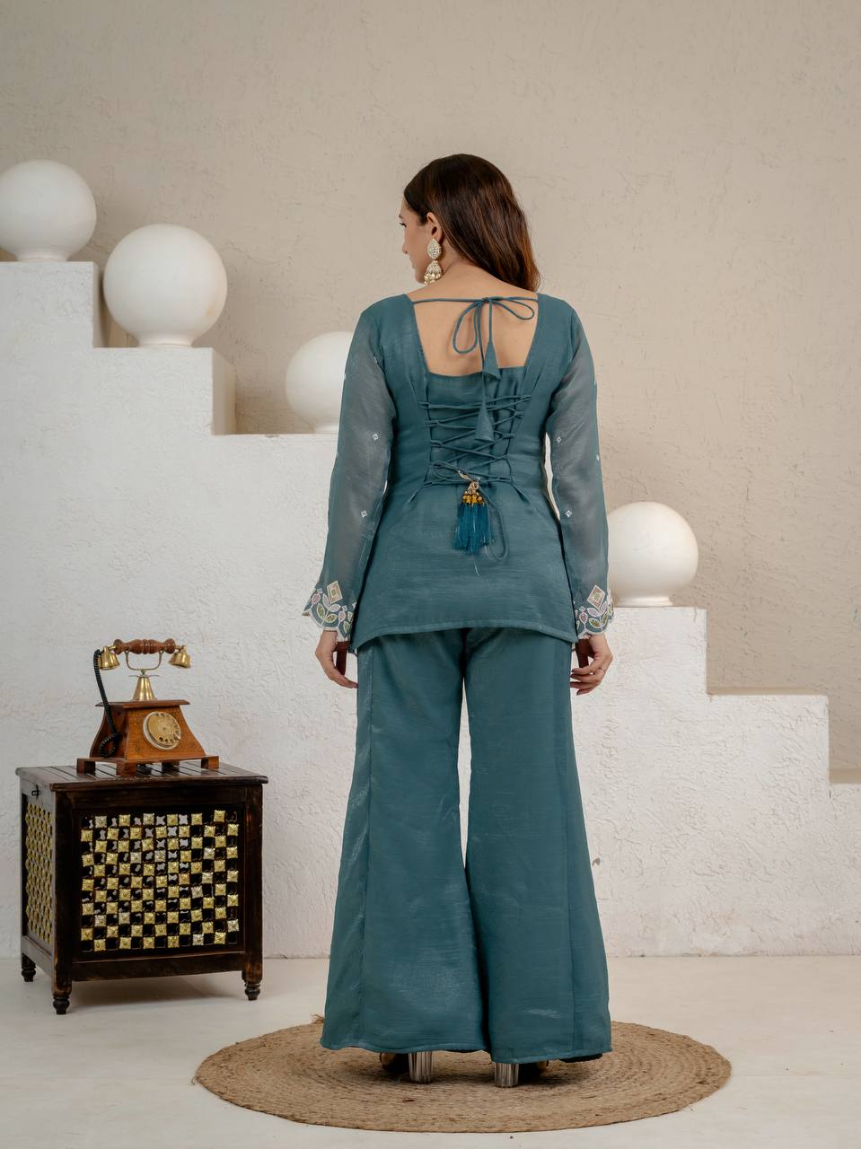 Teal Blue Crunchy Silk 3-Piece Palazzo Suit with 3mm Sequence Embroidery