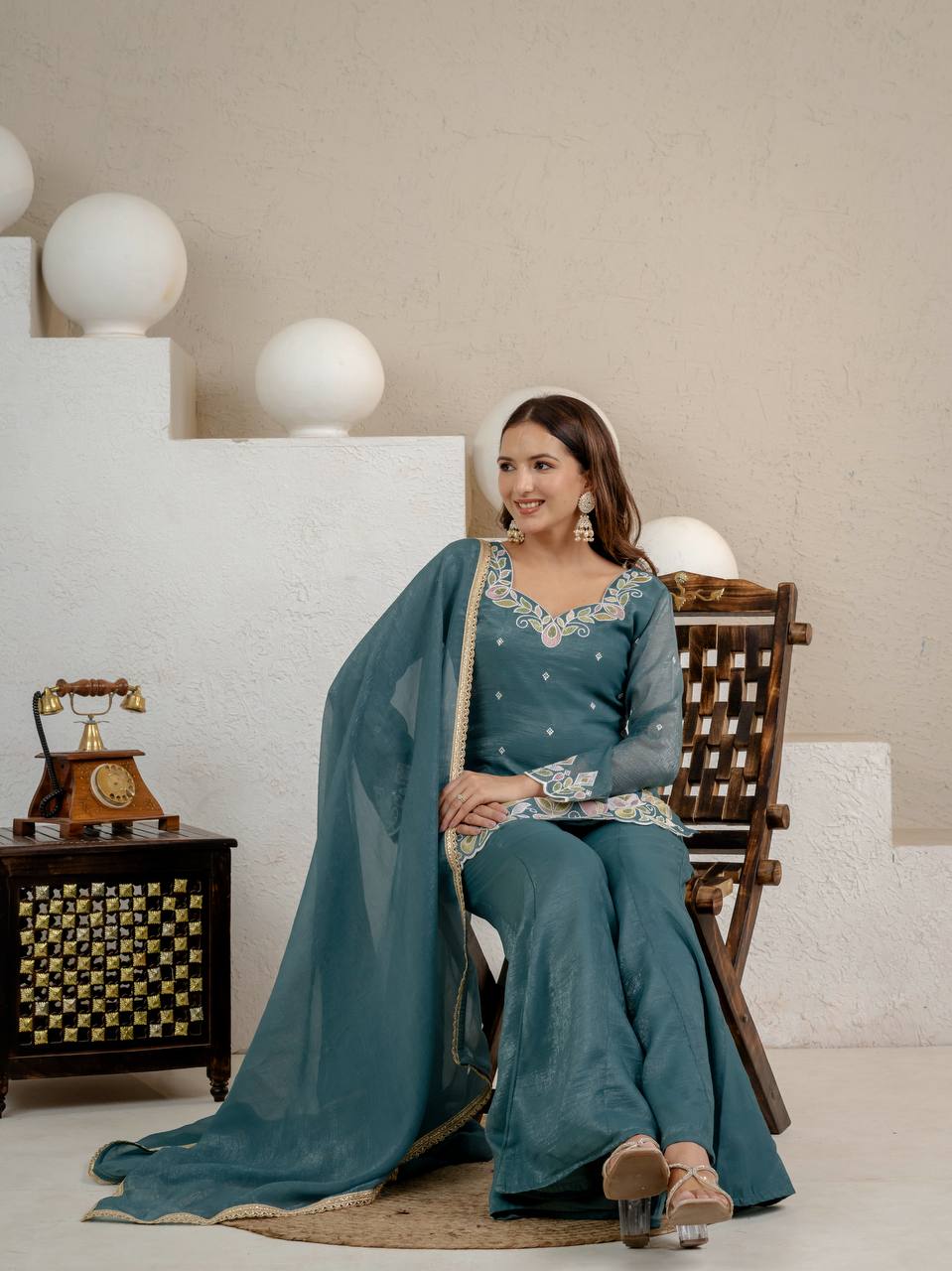 Teal Blue Crunchy Silk 3-Piece Palazzo Suit with 3mm Sequence Embroidery