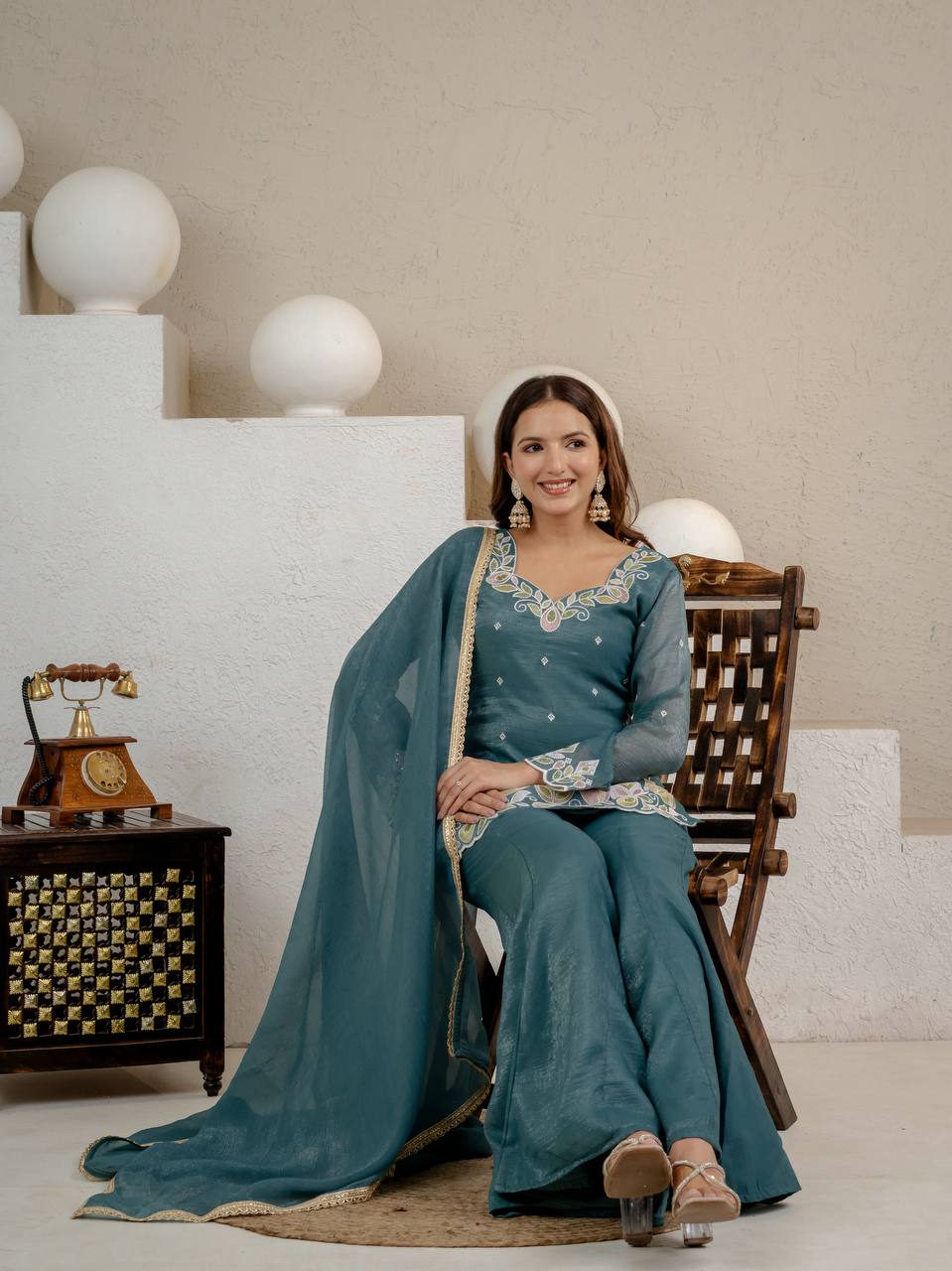Teal Blue Crunchy Silk 3-Piece Palazzo Suit with 3mm Sequence Embroidery