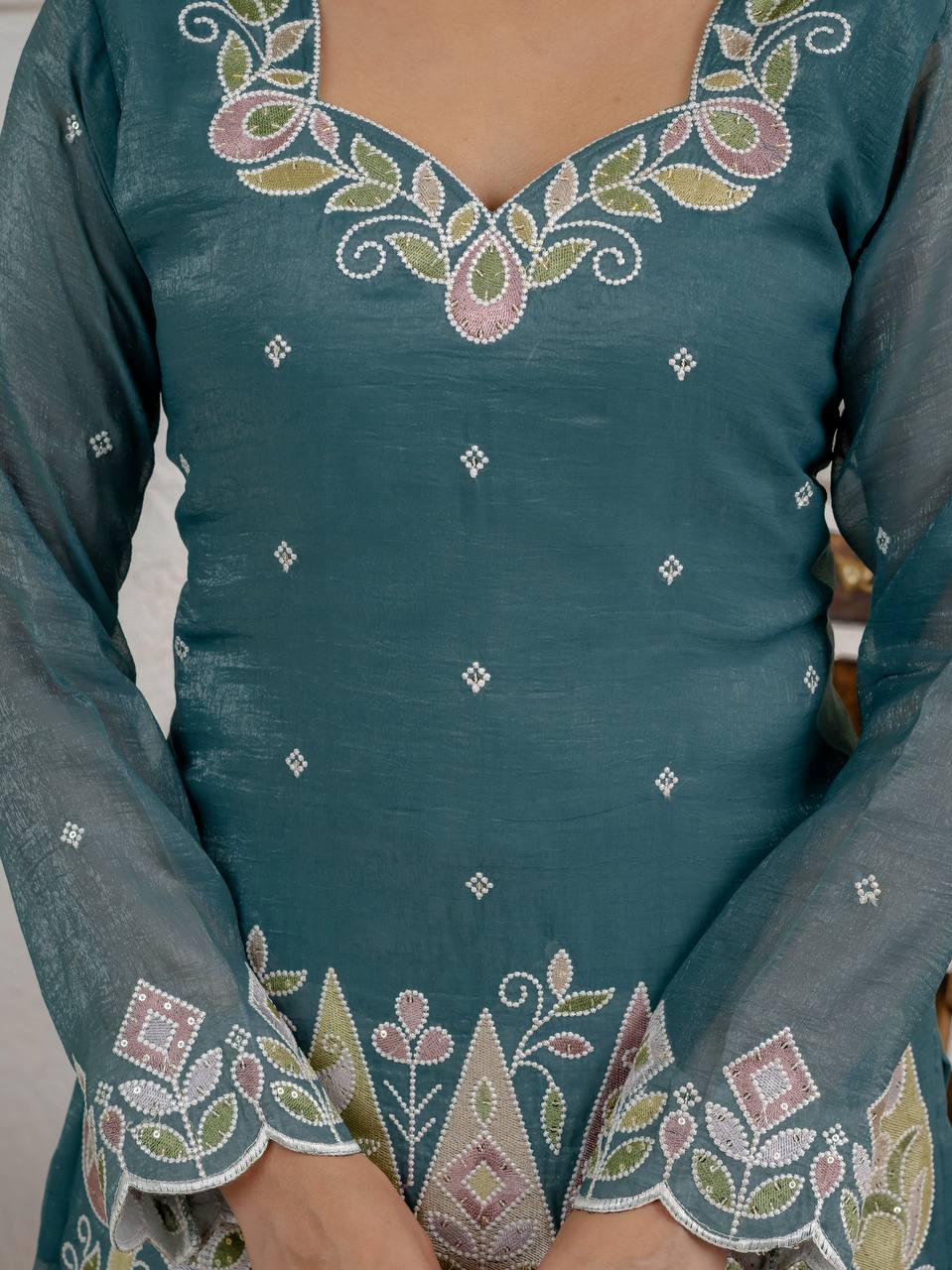 Teal Blue Crunchy Silk 3-Piece Palazzo Suit with 3mm Sequence Embroidery