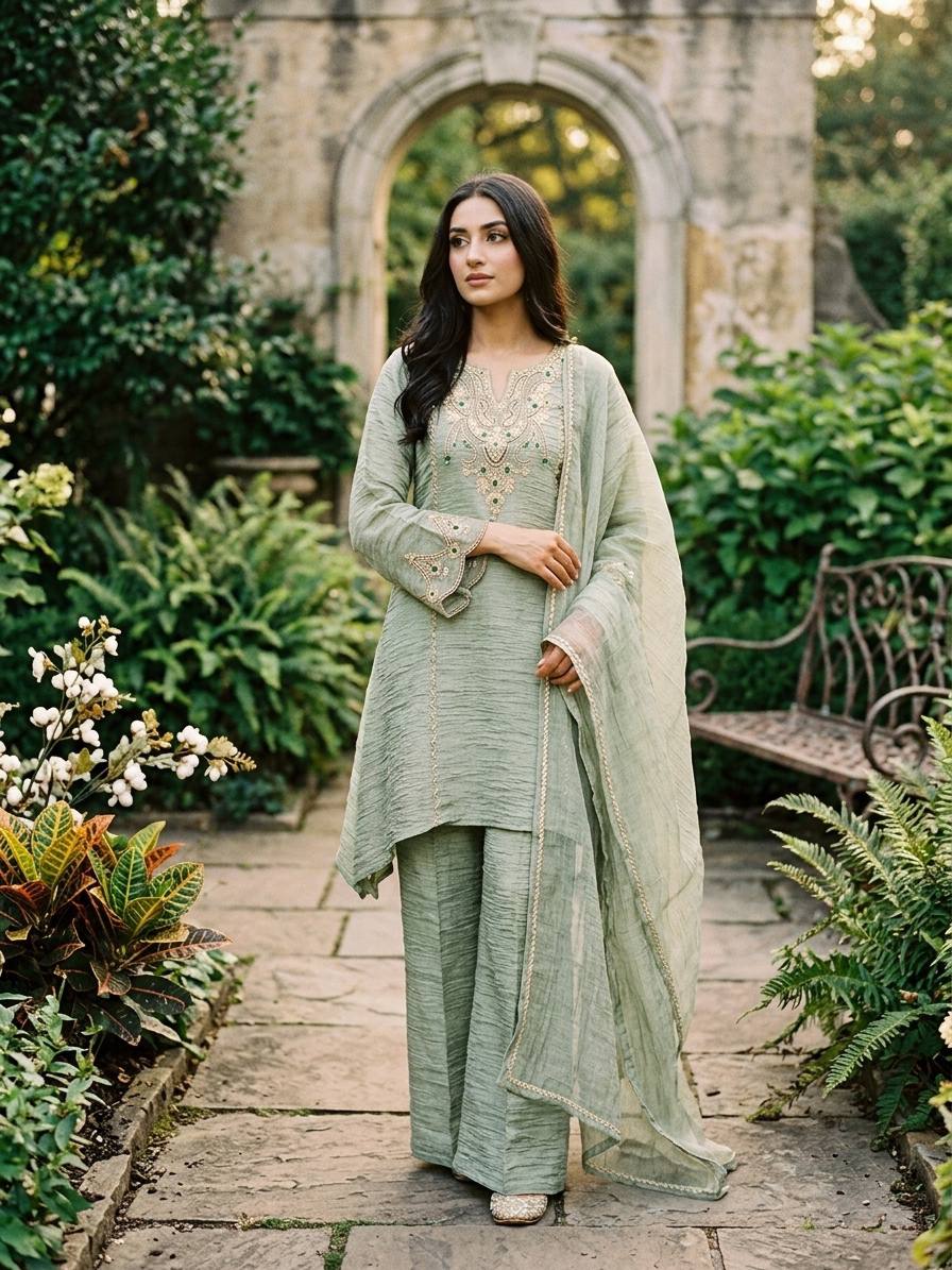 Pista Green Salsa Silk Coding & Stone Work Sharara Set