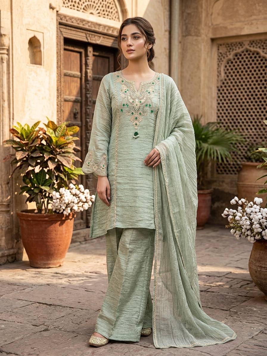 Pista Green Salsa Silk Coding & Stone Work Sharara Set