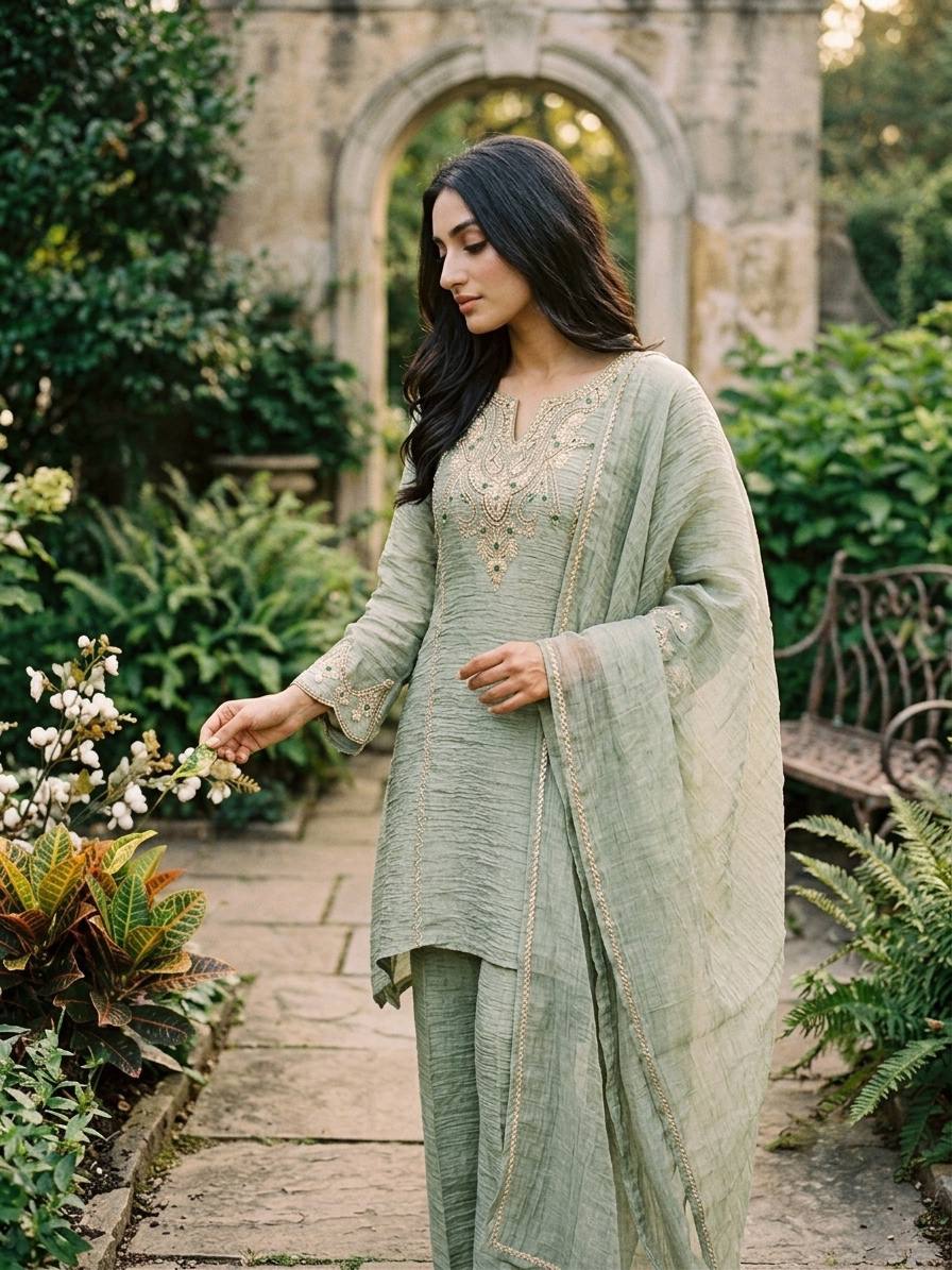 Pista Green Salsa Silk Coding & Stone Work Sharara Set