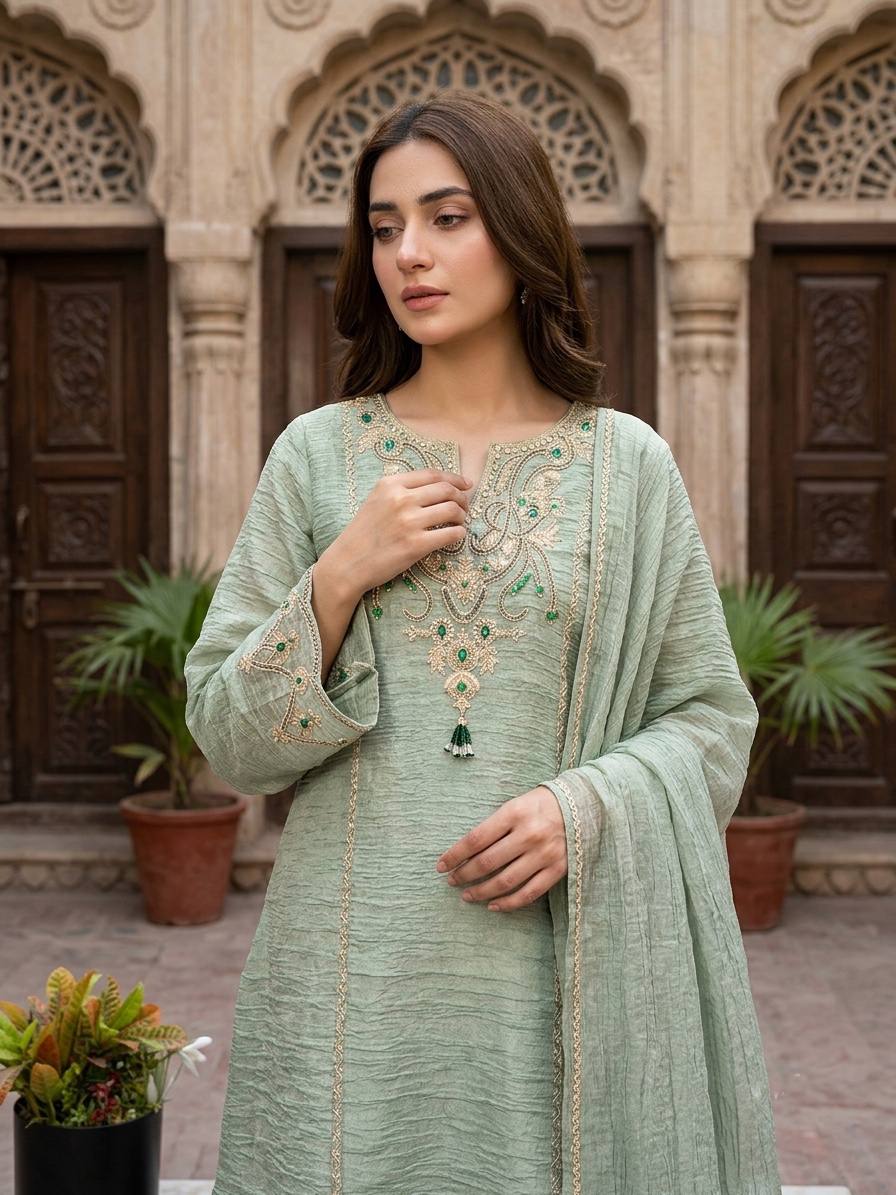 Pista Green Salsa Silk Coding & Stone Work Sharara Set
