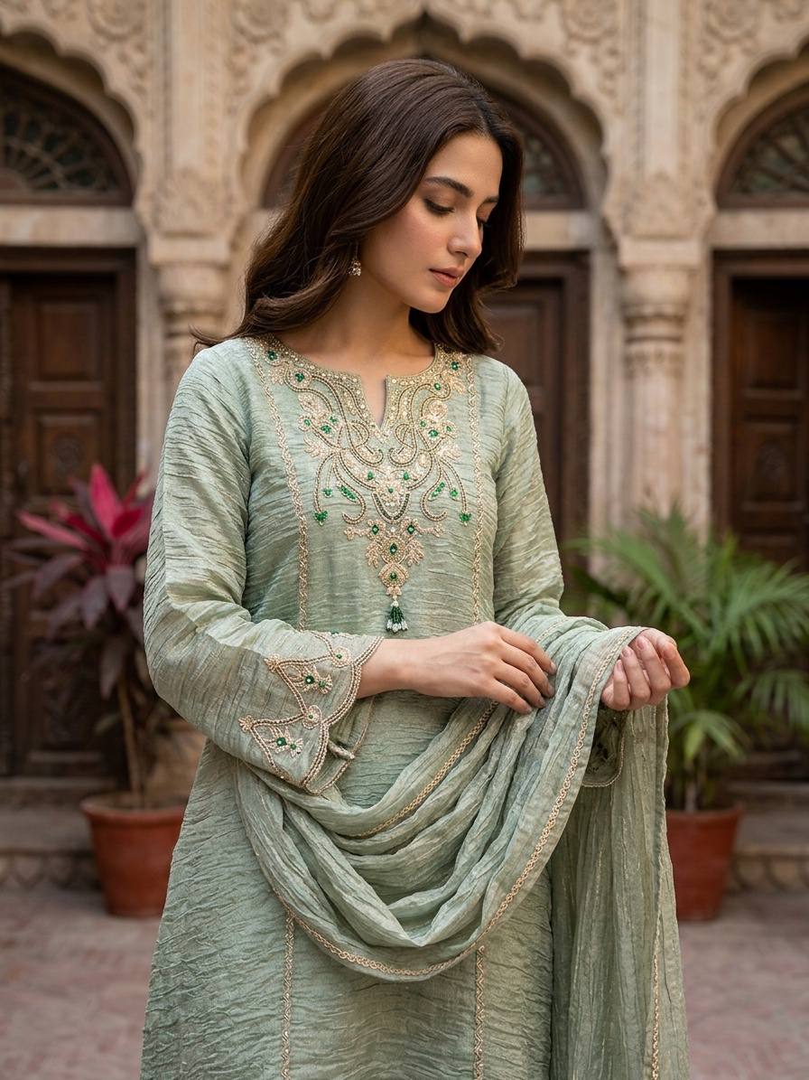 Pista Green Salsa Silk Coding & Stone Work Sharara Set