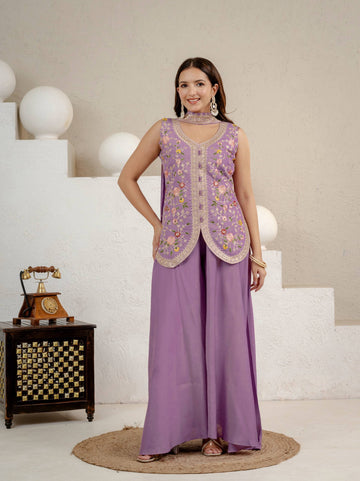 Purpal Roman Silk 5mm Sequence Embroidere Sharara with Dupatta