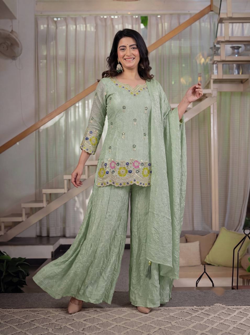 Mint Green Fendi Crush 3-Piece Sharara Suit with 5mm Sequence Embroidery