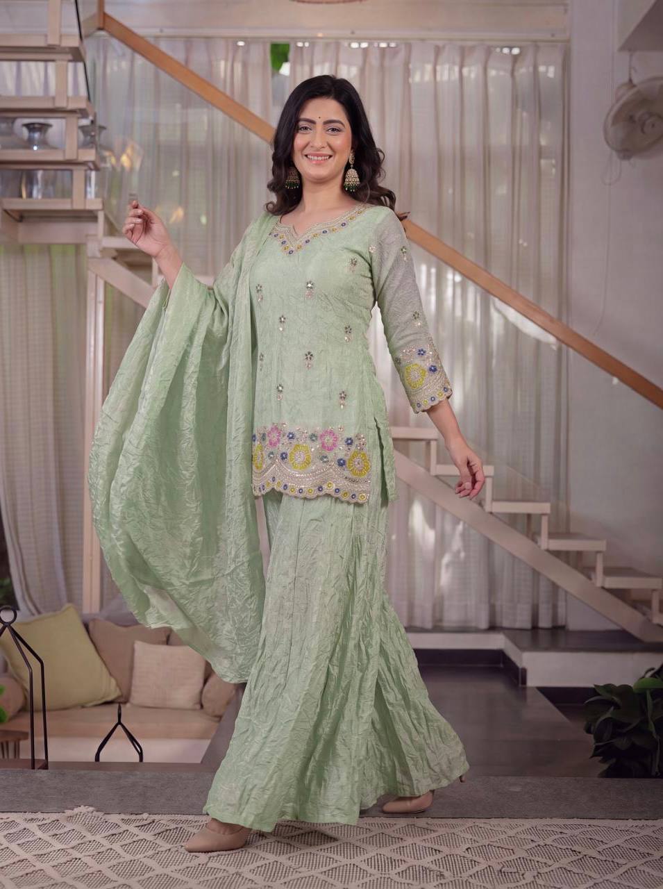 Mint Green Fendi Crush 3-Piece Sharara Suit with 5mm Sequence Embroidery
