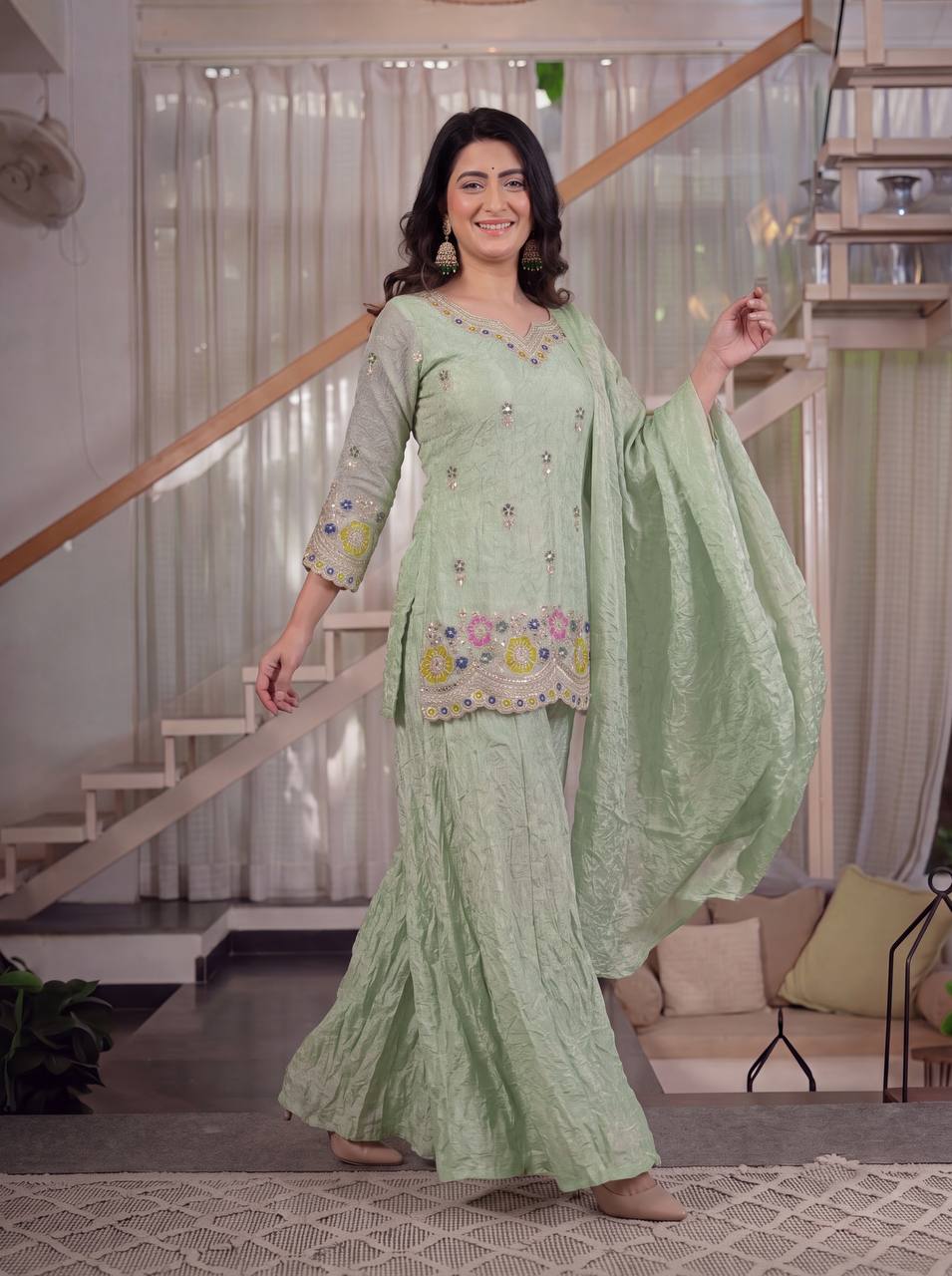 Mint Green Fendi Crush 3-Piece Sharara Suit with 5mm Sequence Embroidery