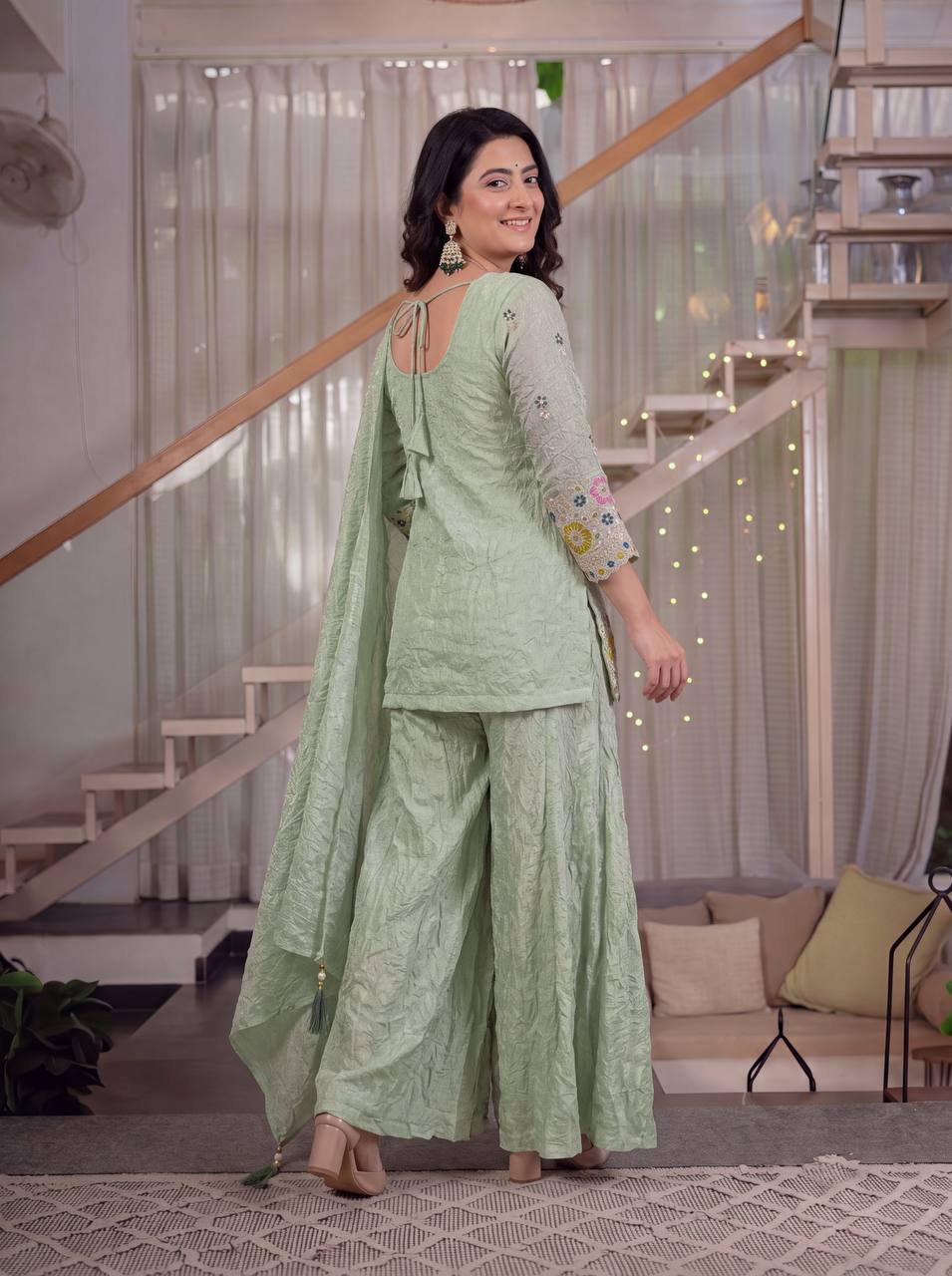 Mint Green Fendi Crush 3-Piece Sharara Suit with 5mm Sequence Embroidery