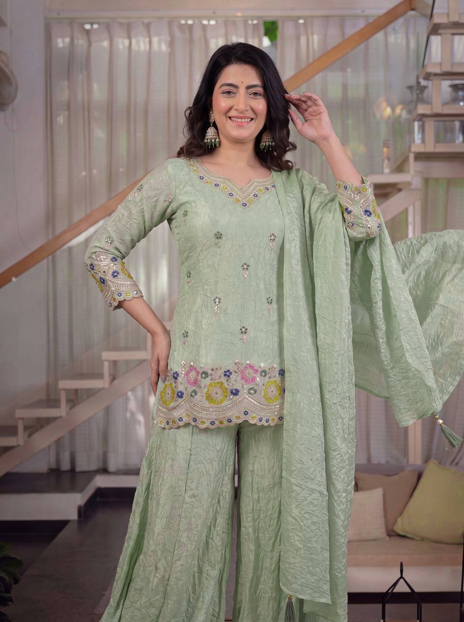 Mint Green Fendi Crush 3-Piece Sharara Suit with 5mm Sequence Embroidery
