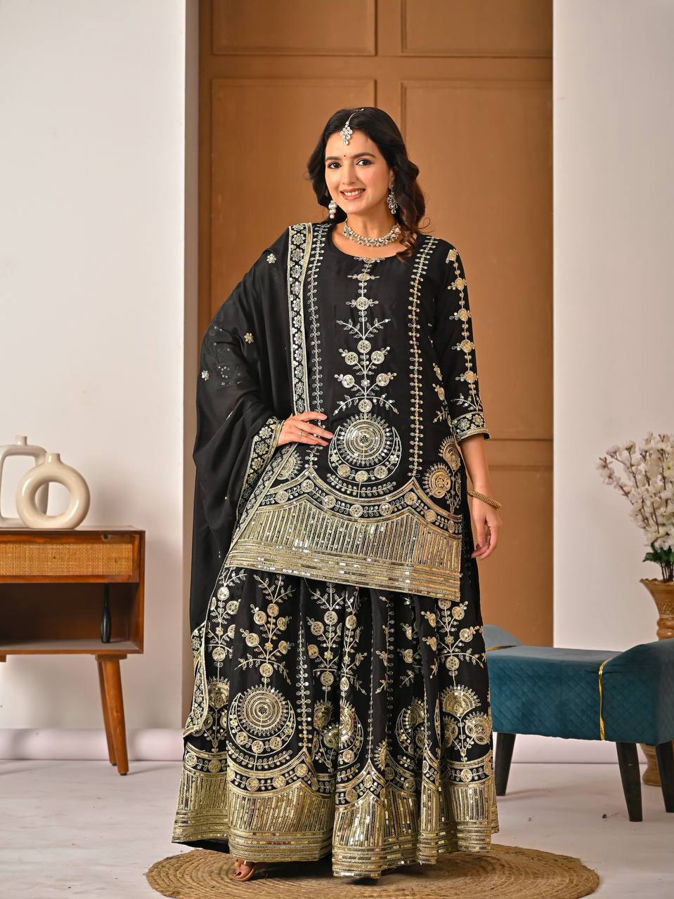 Classic Black Vichitra Silk 5mm Sequence Embroiderey Sharara Suit with Matching Dupatta