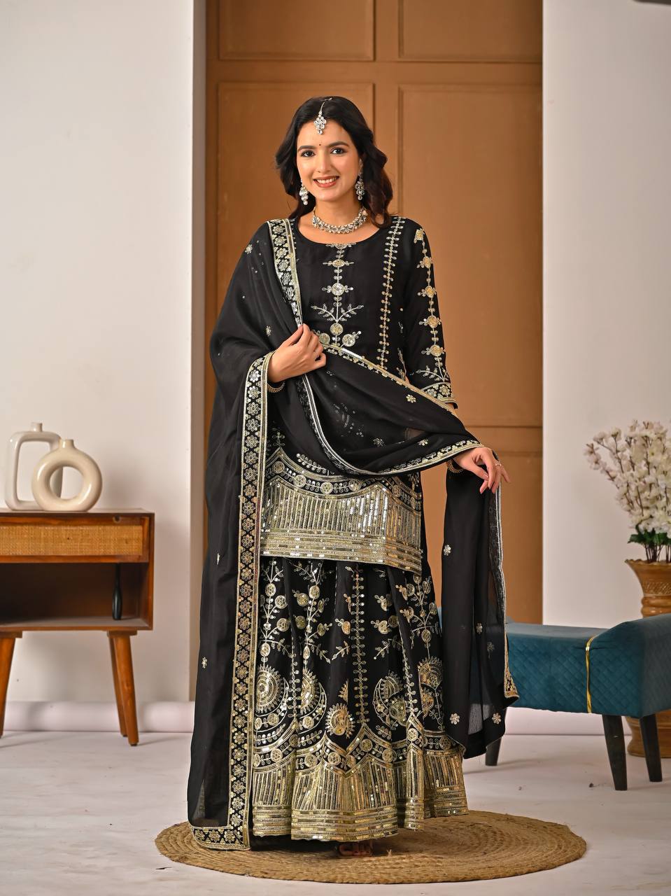 Classic Black Vichitra Silk 5mm Sequence Embroiderey Sharara Suit with Matching Dupatta