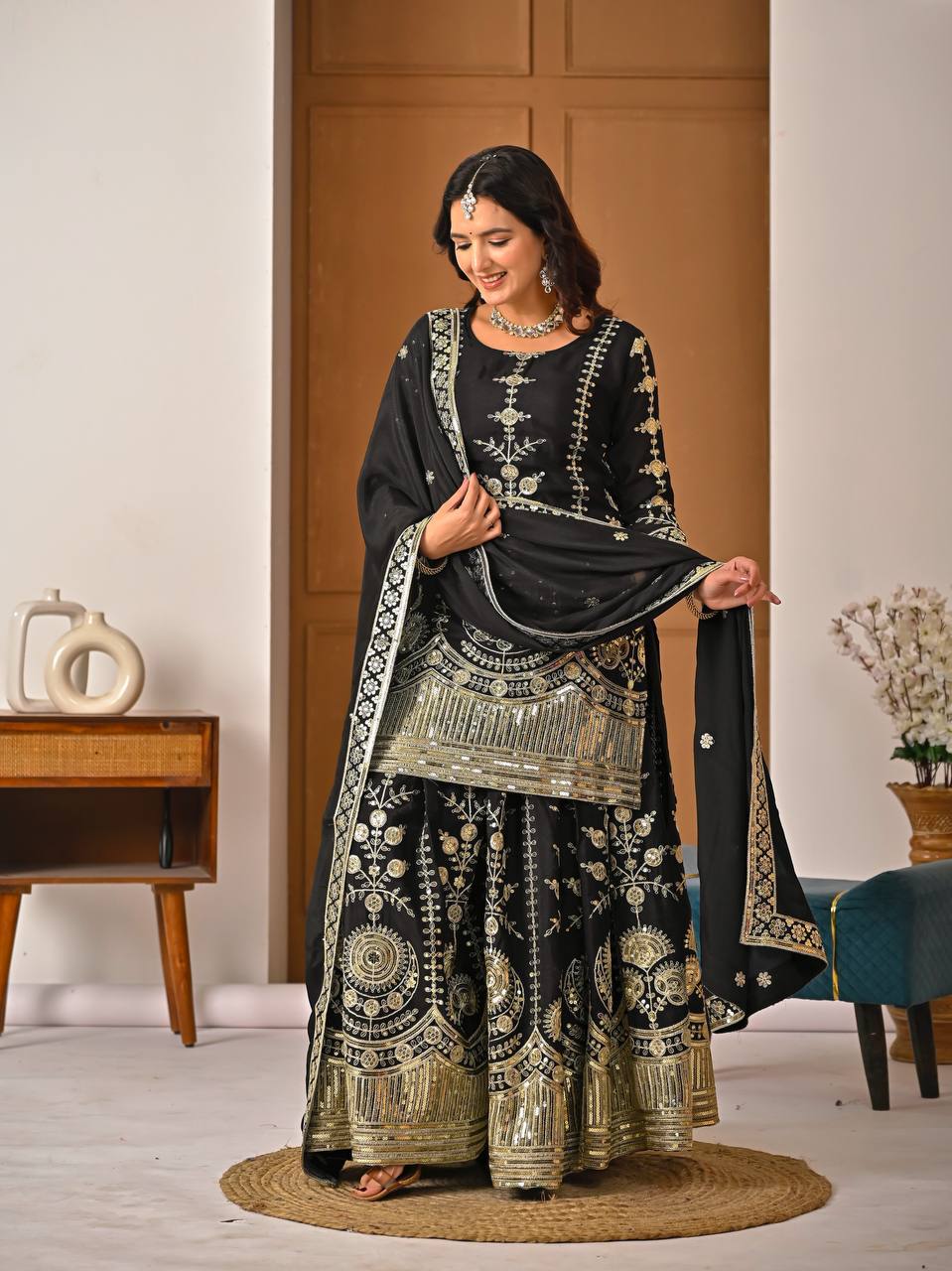 Classic Black Vichitra Silk 5mm Sequence Embroiderey Sharara Suit with Matching Dupatta