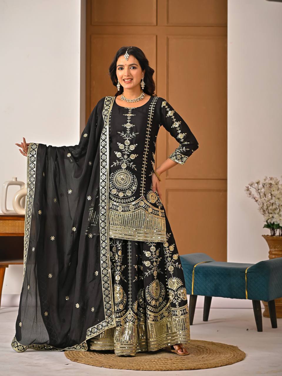 Classic Black Vichitra Silk 5mm Sequence Embroiderey Sharara Suit with Matching Dupatta