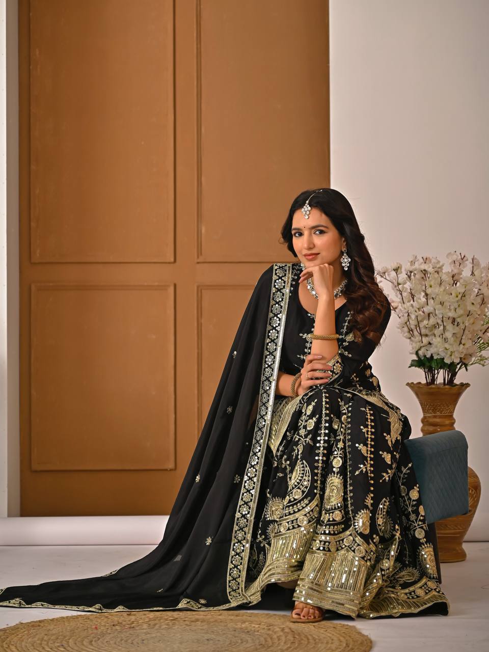 Classic Black Vichitra Silk 5mm Sequence Embroiderey Sharara Suit with Matching Dupatta