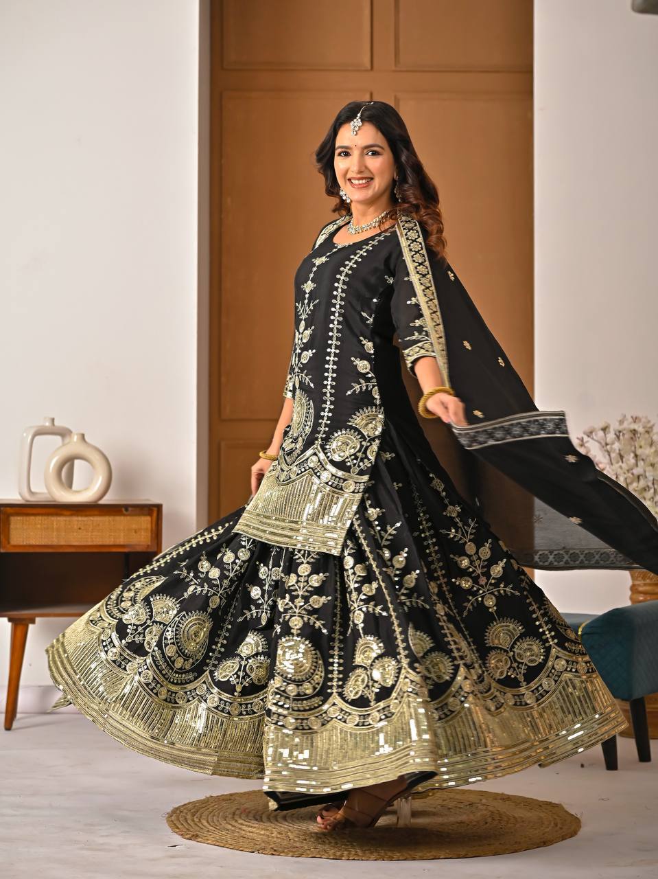 Black Vichitra Silk 5mm Sequence & Embroidery Work with  Sharara
