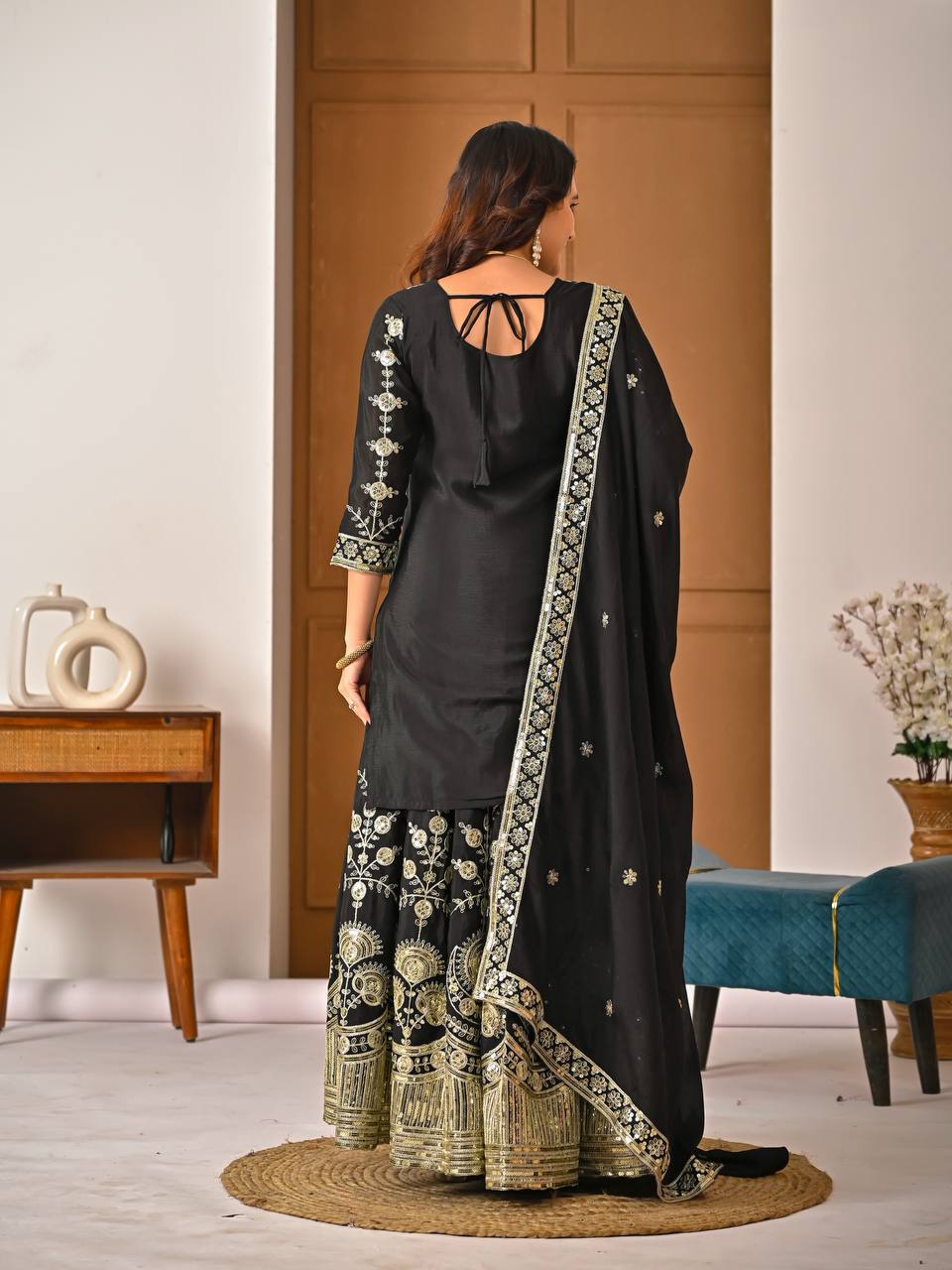 Classic Black Vichitra Silk 5mm Sequence Embroiderey Sharara Suit with Matching Dupatta