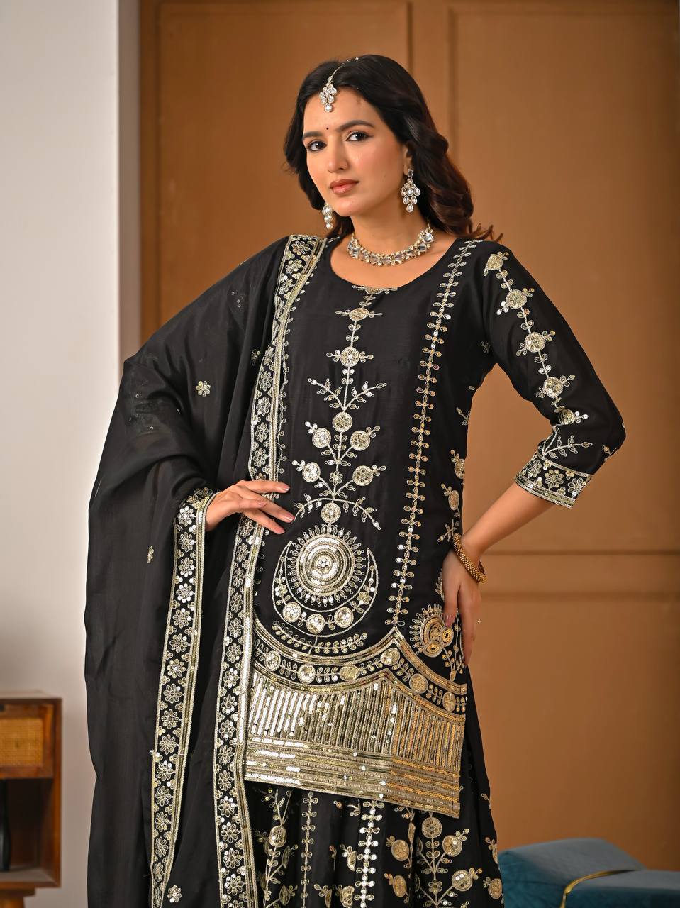 Black Vichitra Silk 5mm Sequence & Embroidery Work with  Sharara