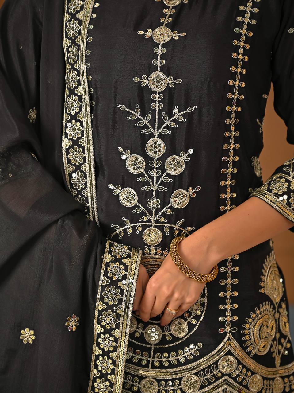 Classic Black Vichitra Silk 5mm Sequence Embroiderey Sharara Suit with Matching Dupatta